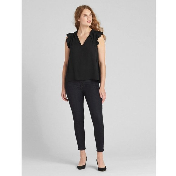 2/$40 GAP XL Black ruffle sleeve split-neck blouse top - Picture 4 of 11